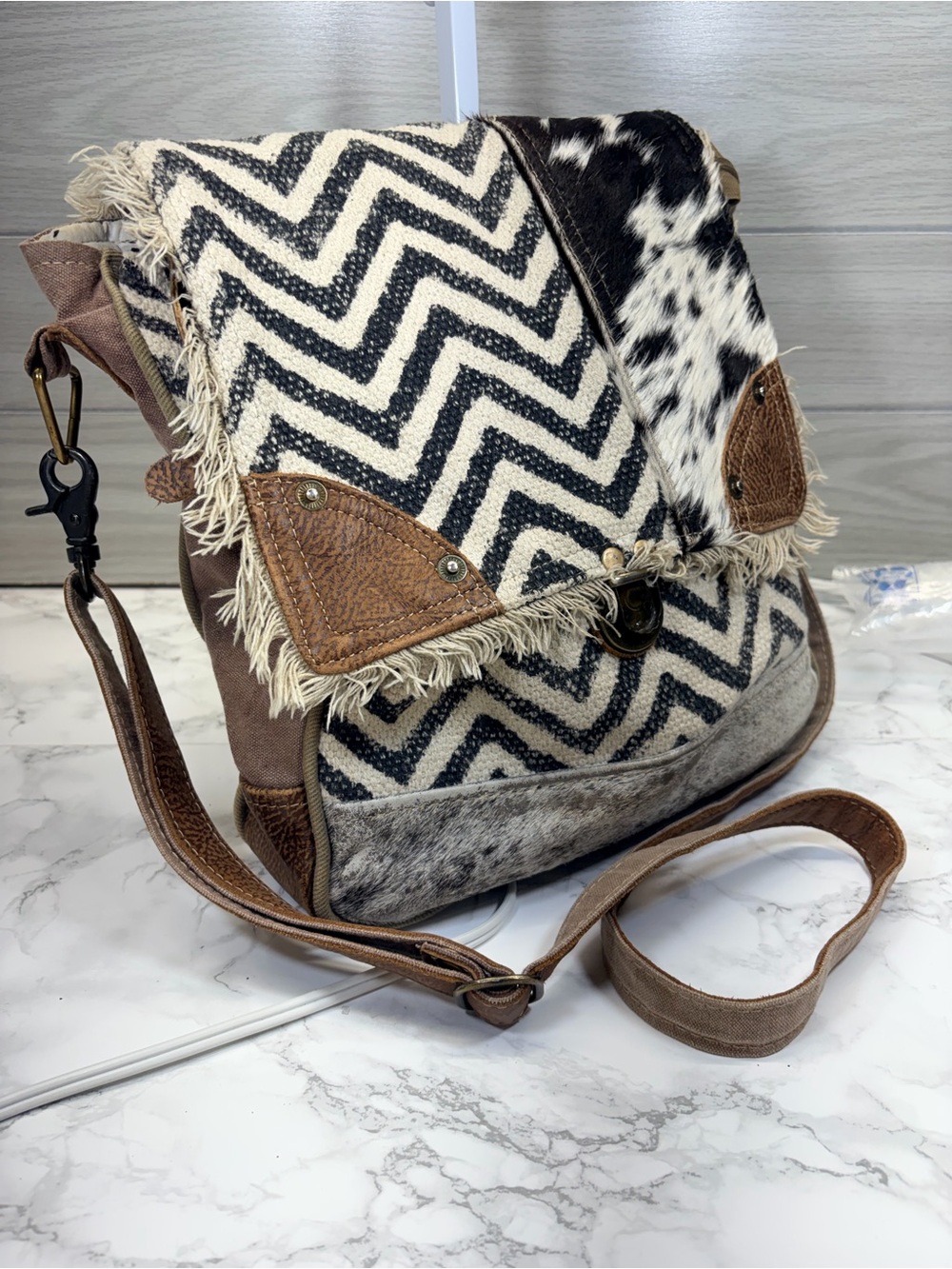 Myra Bag Black & Cream Chevron Crossbody with Brown Leather Accents
